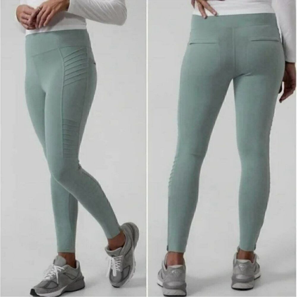 Athleta Delancey Moto Tight Legging Green Zip Pockets High Rise Travel SP Petite